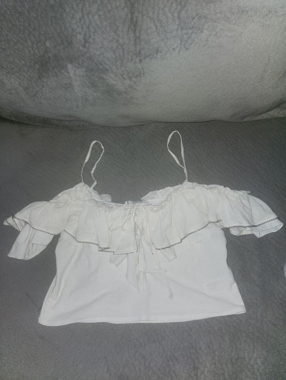 White Off-Shoulder Ruffle Crop Top